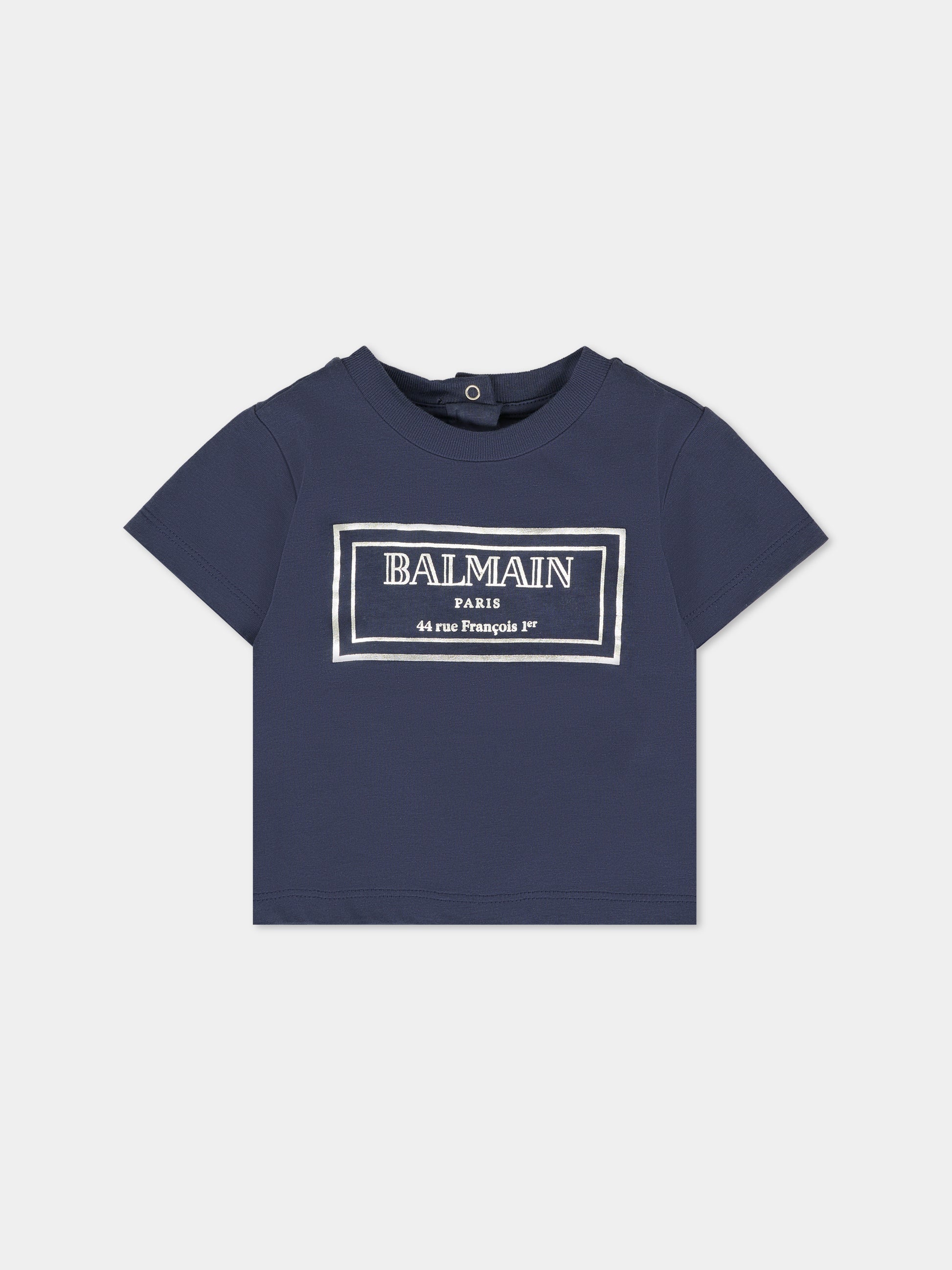 T-shirt blu per neonati con logo argento,Balmain Kids,BT8631 Z0082 649AG