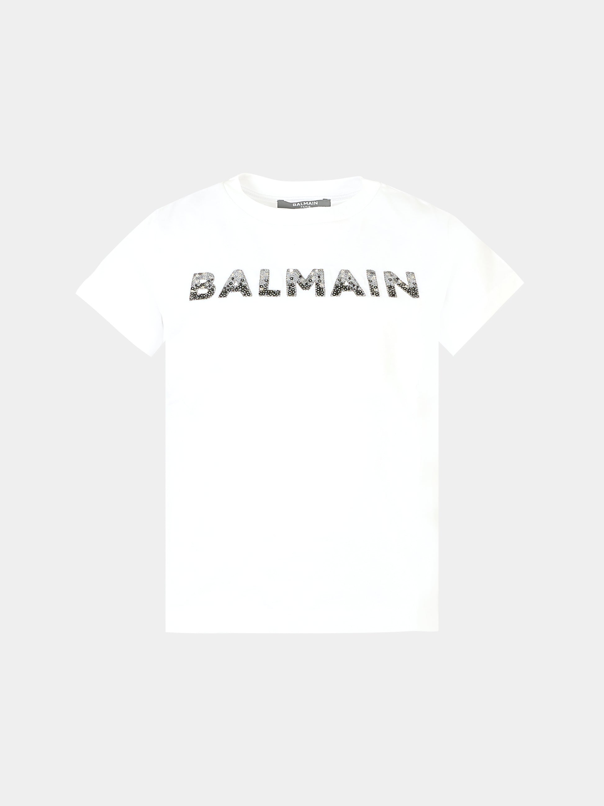 T-shirt bianca per bambina con paillettes,Balmain Kids,BT8C31 J0177 100NE