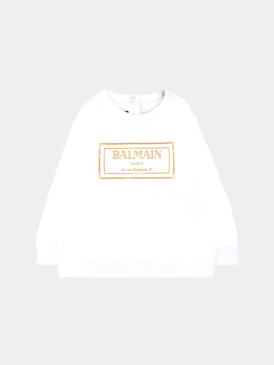 Felpa bianca per neonati con logo oro,Balmain Kids,BT4610 Z0081 100OR
