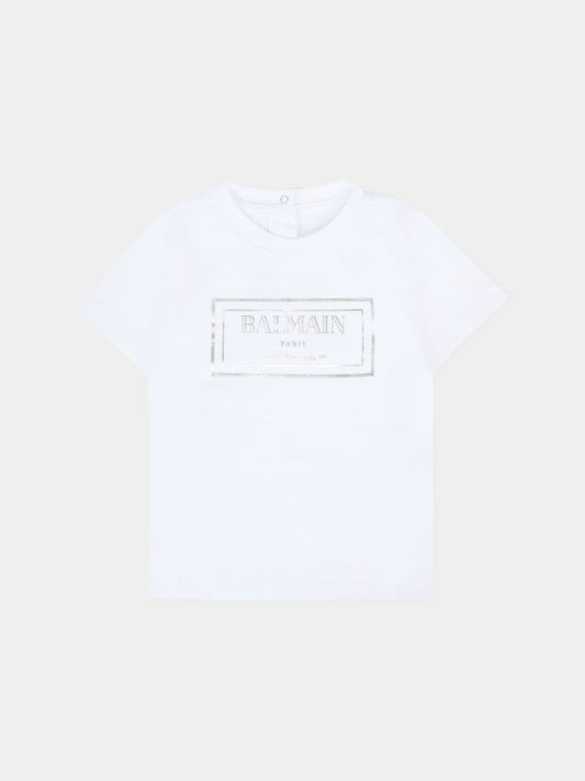 T-shirt bianca per neonati con logo argentato,Balmain Kids,BT8631 Z0082 100AG
