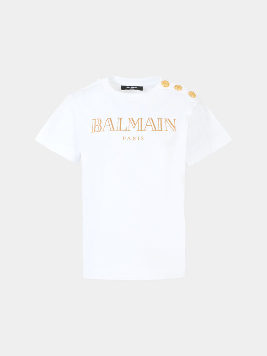 T-shirt bianca per bambina con logo dorato,Balmain Kids,BV8B71 Z0082 100OR