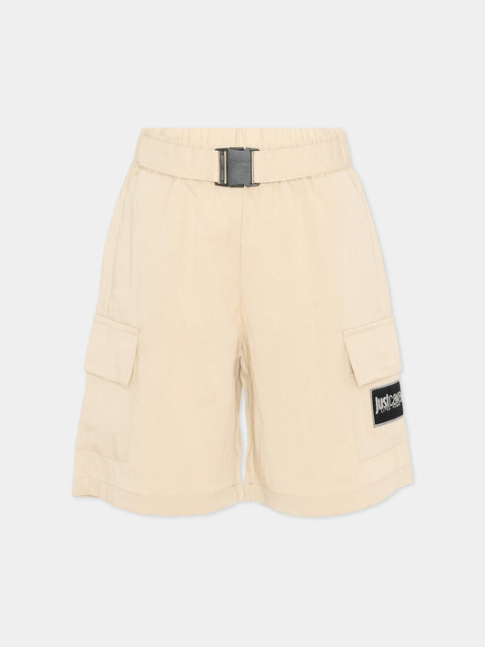 Shorts beige per bambino con logo,Just Cavalli Kids,JIP26095BE BEIGE CASTLE WALL