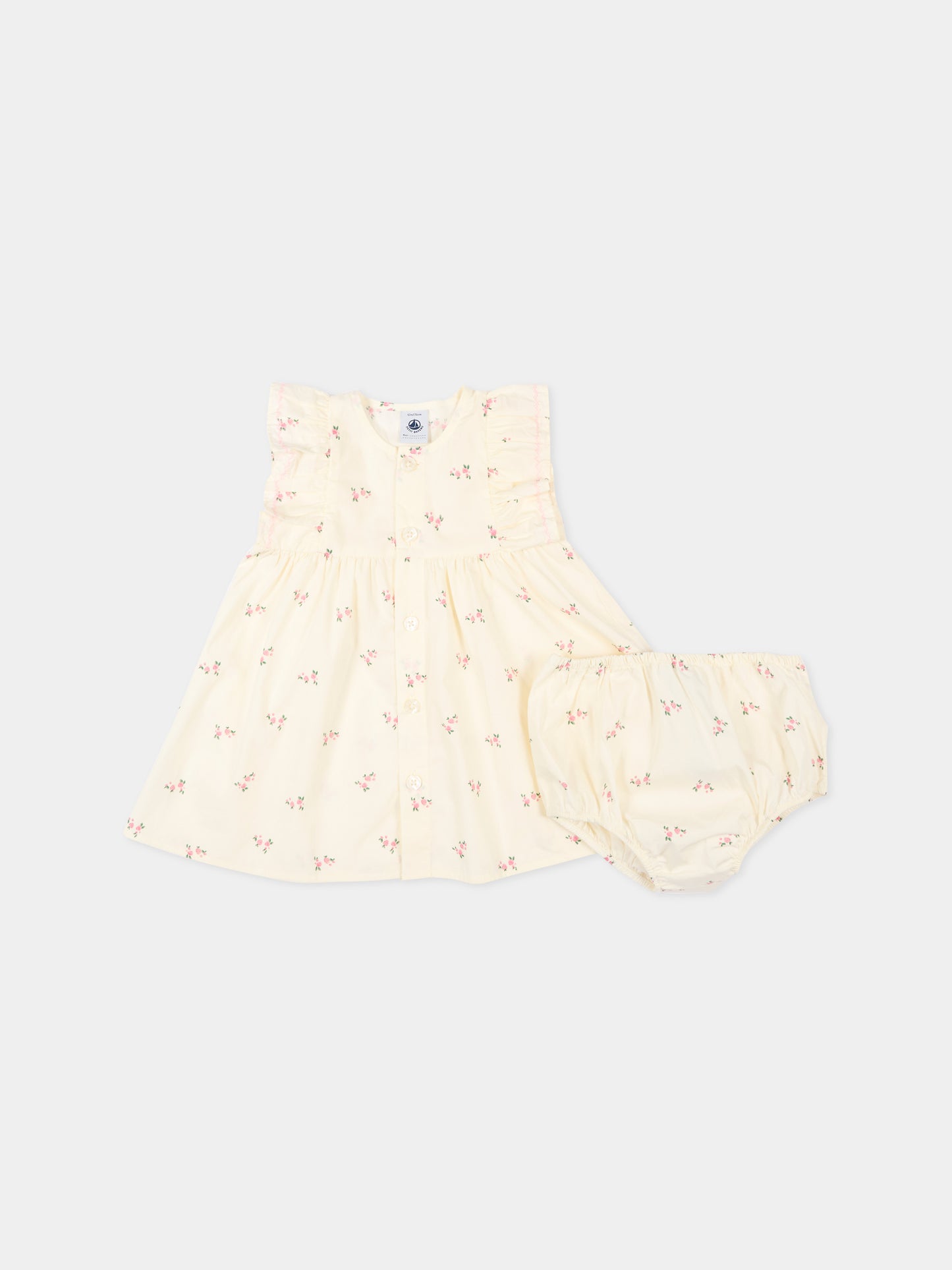 Vestito avorio per neonata con fiori,Petit Bateau,A0F3R MILK/MULTICO 01