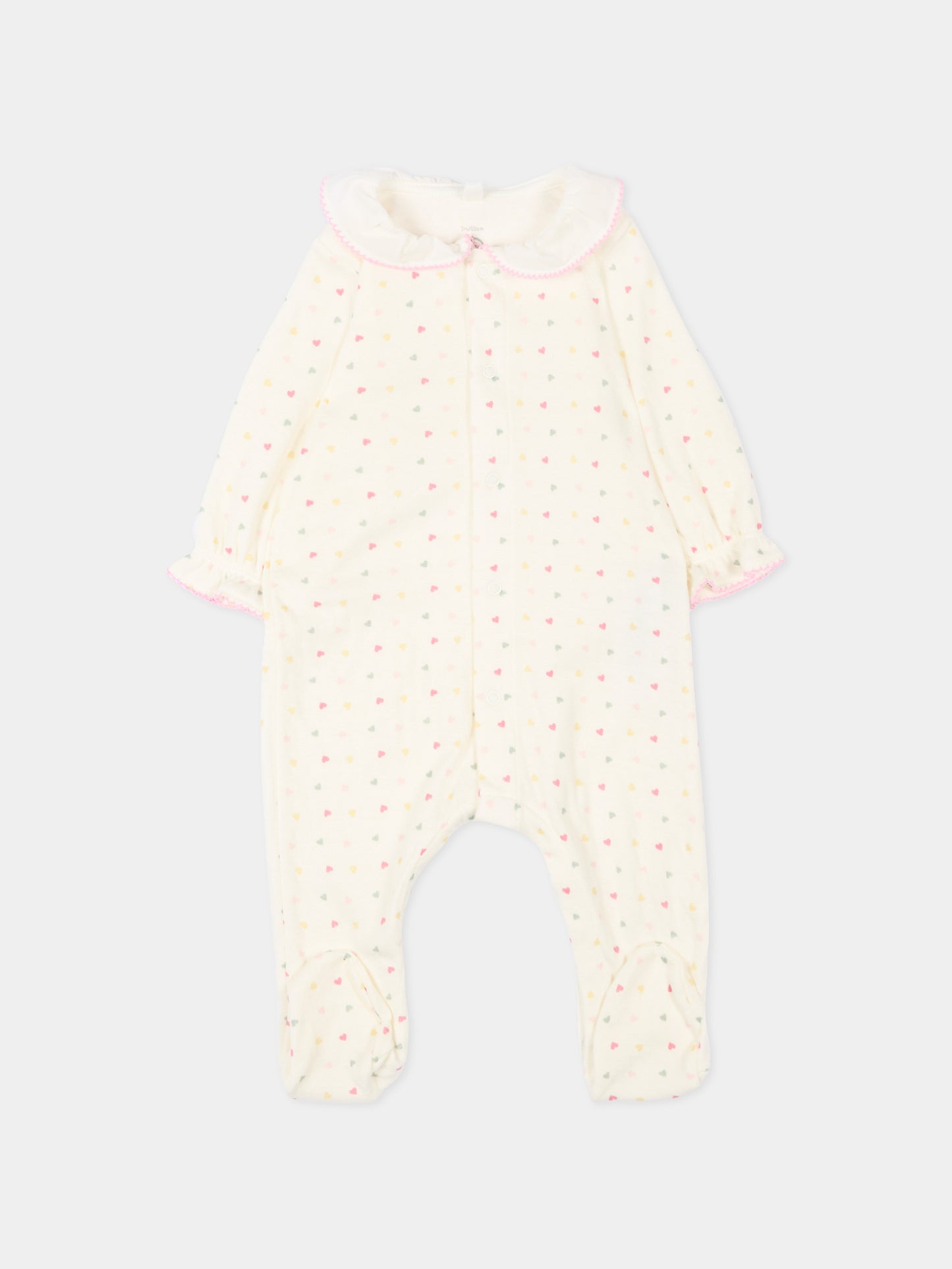 Tutina avorio per neonata a cuori,Petit Bateau,A0F6C MARSHMALLOW/MULTICO 01