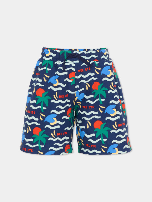 Boxer mare blu per bambino con stampa balneare,Petit Bateau,A0FJN CREPUSCULE/MULTICO 01