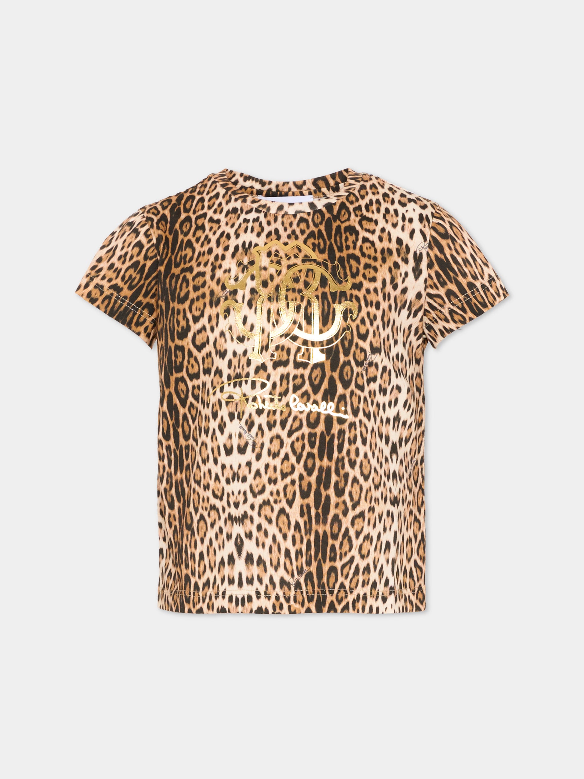 T-shirt marrone per bambina con stampa animalier,Roberto Cavalli Kids,CGP26124TS MACULA NEW HERITAGE