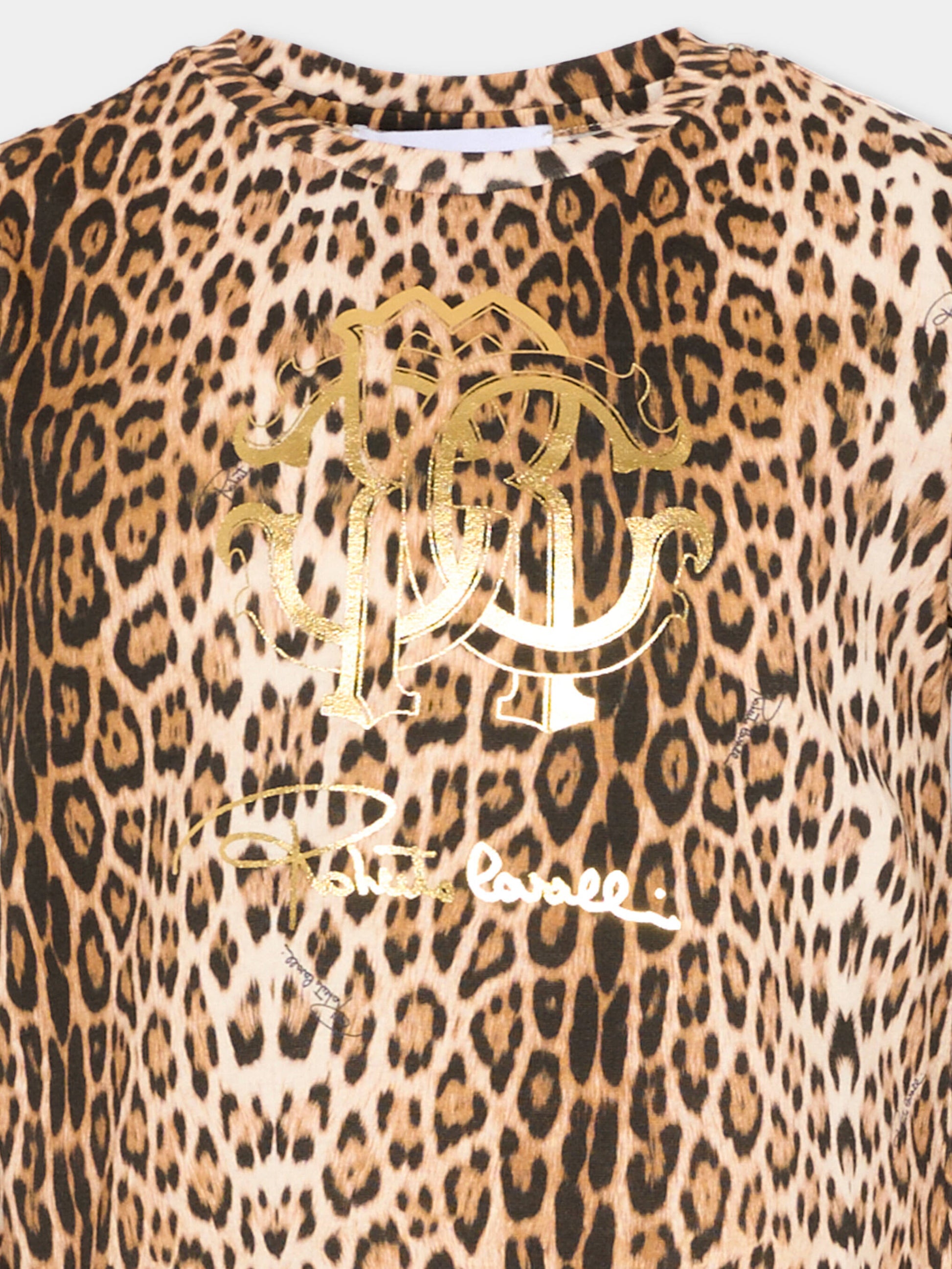 T-shirt marrone per bambina con stampa animalier,Roberto Cavalli Kids,CGP26124TS MACULA NEW HERITAGE