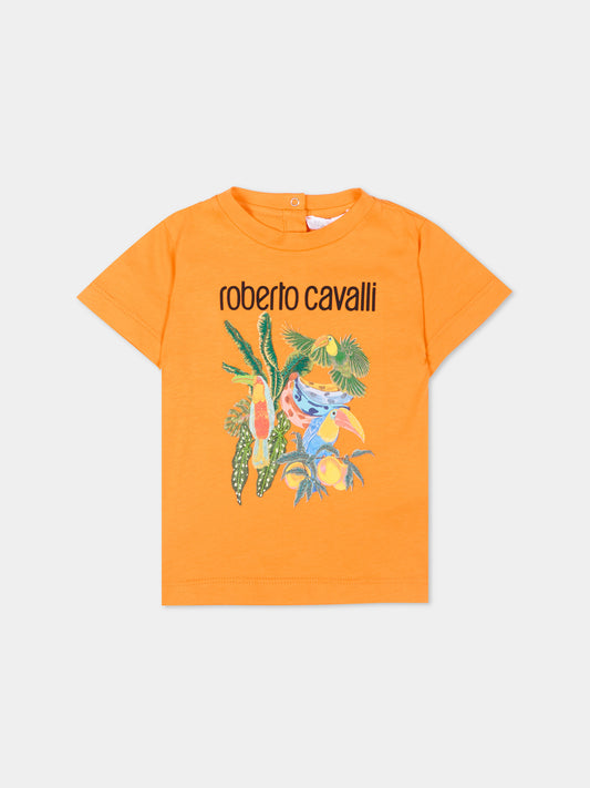 T-shirt arancione per neonato con stampa tropicale,Roberto Cavalli Kids,CIP26083TS ORANGE B.OF PARADISE