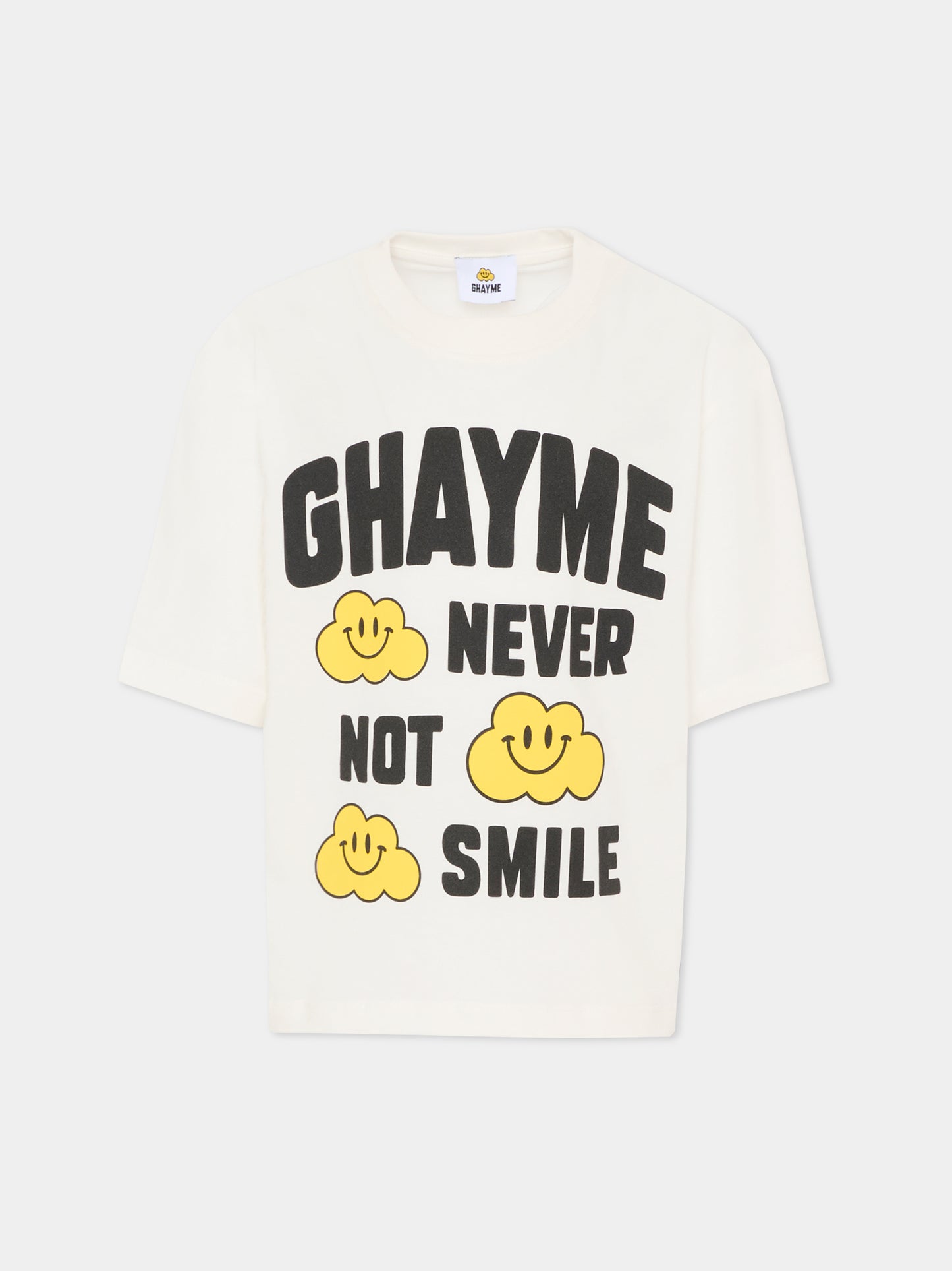 T-shirt bianca per bambini con nuvole gialle e scritta,Ghayme,F5GAJUTH009 002