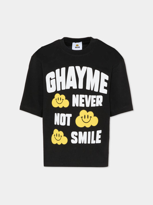 T-shirt nera per bambini con nuvole gialle e scritta,Ghayme,F5GAJUTH009 110
