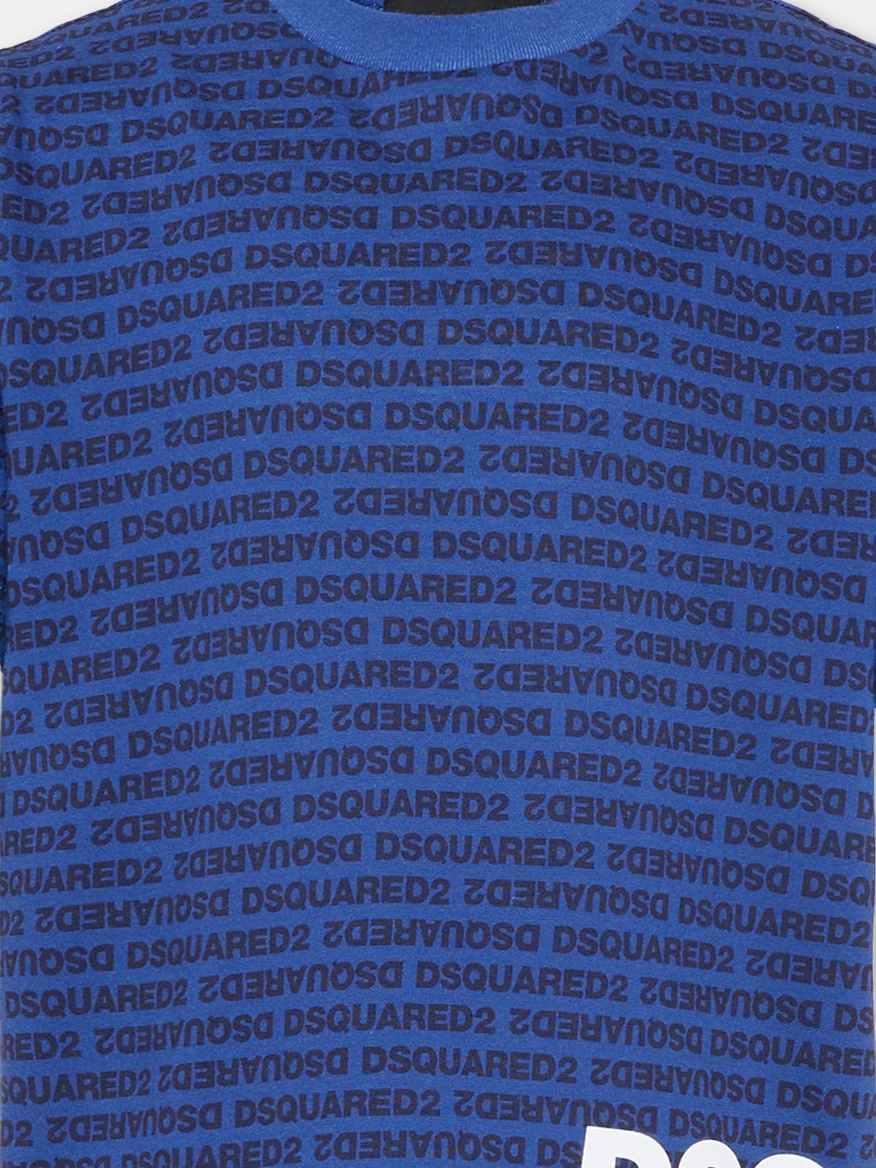 T-shirt blu per bambini con stampa logo all over,Dsquared2,DQ3303 D0AH8 DQ879