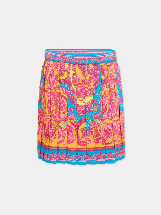Gonna multicolor per bambina con stampa barocca,Versace,1018129 1A16903 5PF70