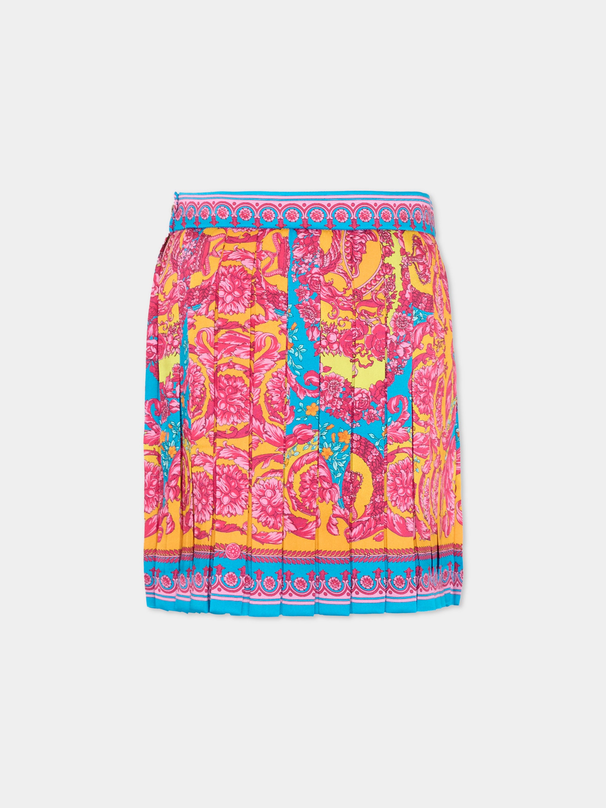Gonna multicolor per bambina con stampa barocca,Versace,1018129 1A16903 5PF70