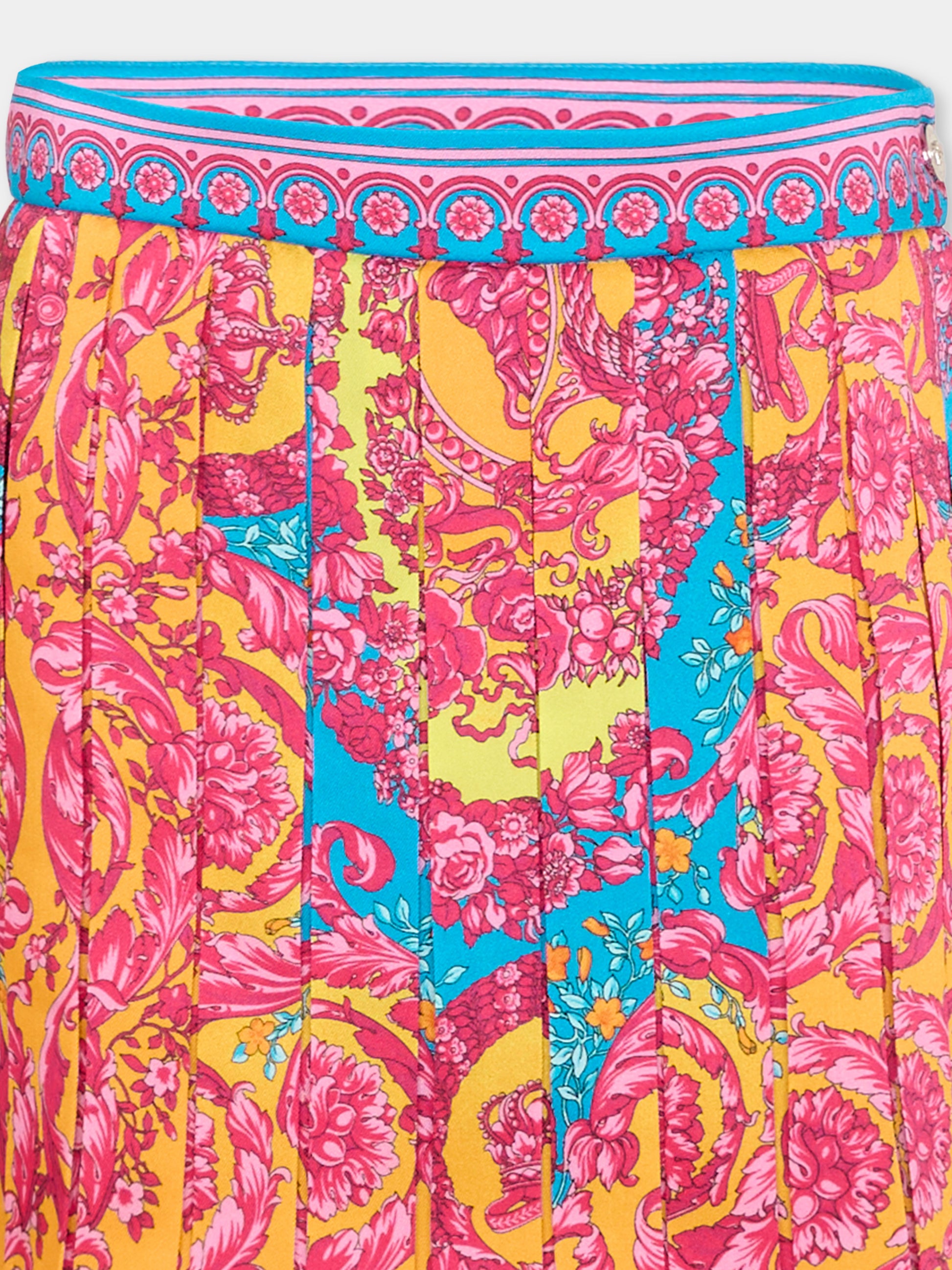 Gonna multicolor per bambina con stampa barocca,Versace,1018129 1A16903 5PF70