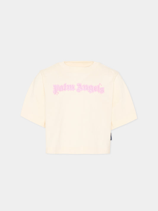 T-Shirt avorio Palm Angels per bambina,Palm Angels,PGAA004S26JER001 002