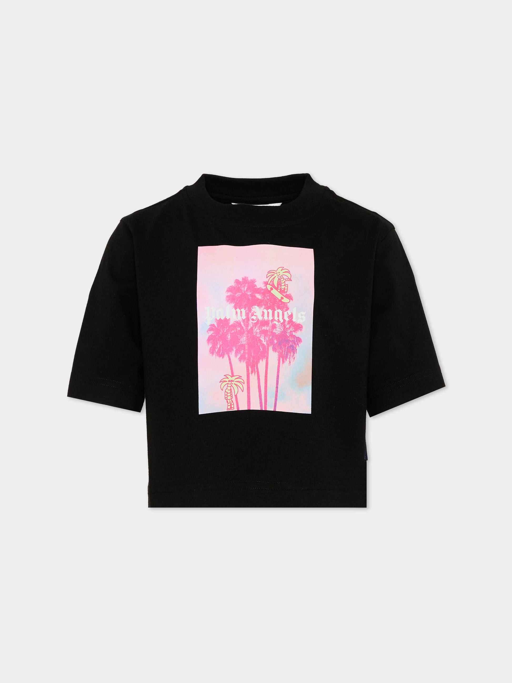 T-Shirt nera per bambina con stampa logo,Palm Angels,PGAA004S26JER002 110