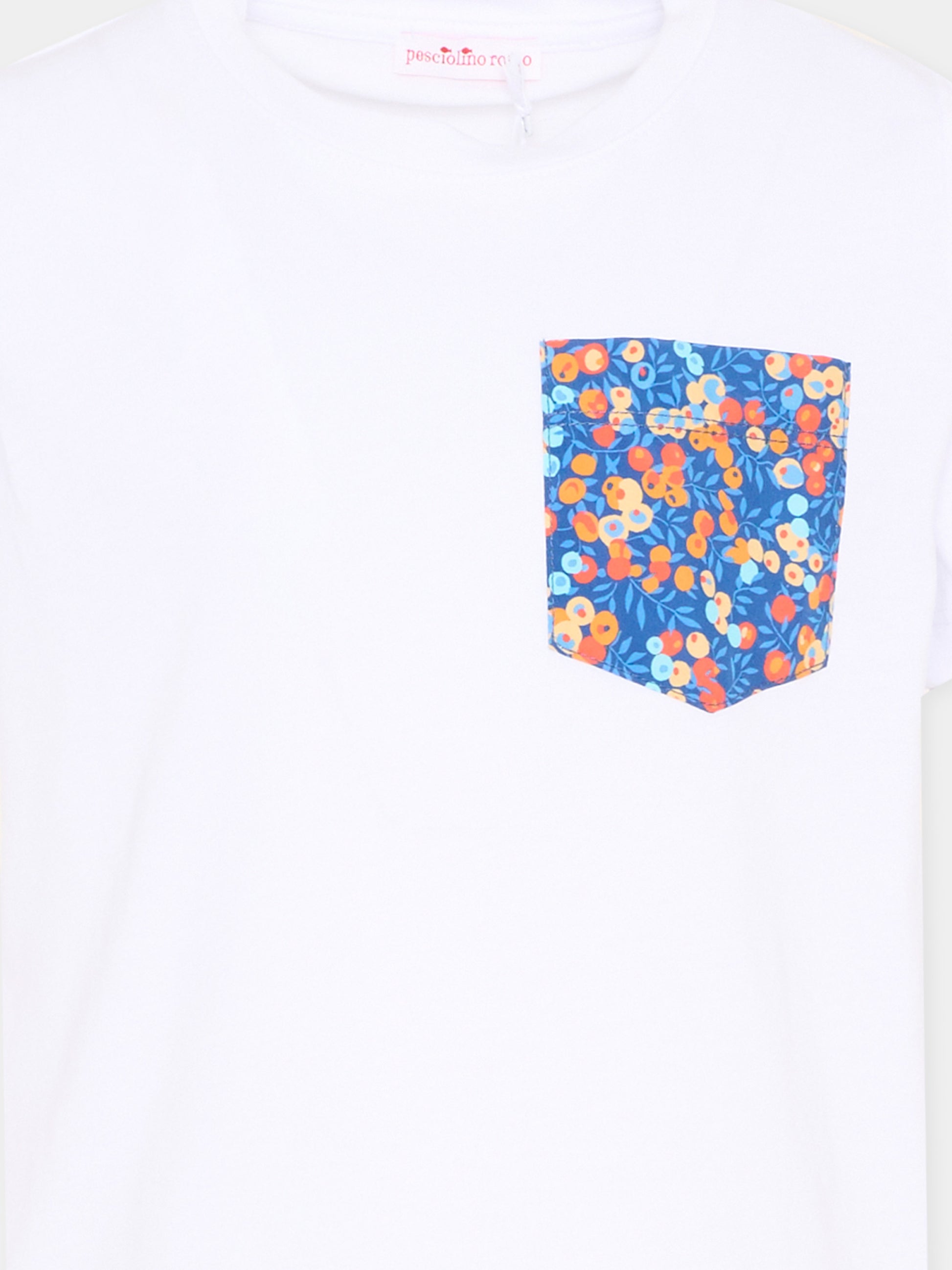 T-shirt bianca per bambino con tasca multicolor,Pesciolino Rosso,TSM S 194