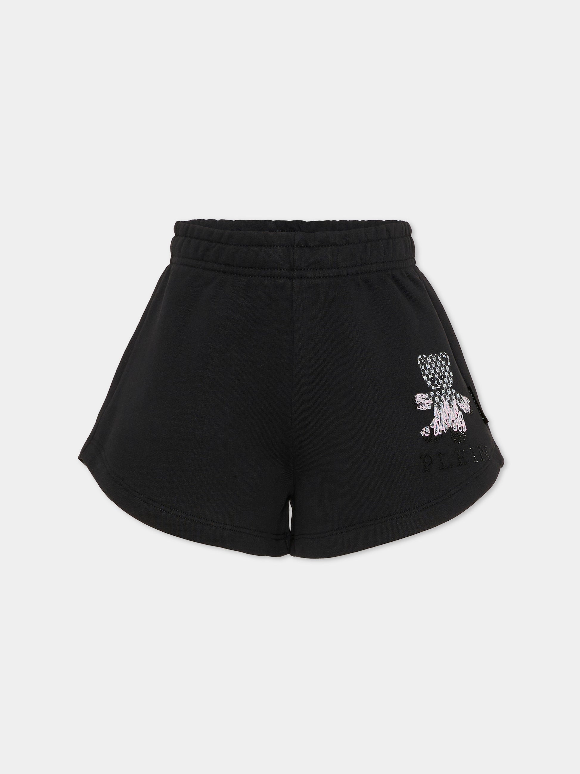 Shorts neri per bambina con orsetto e strass,Philipp Plein Junior,S6PHJGSH164 110