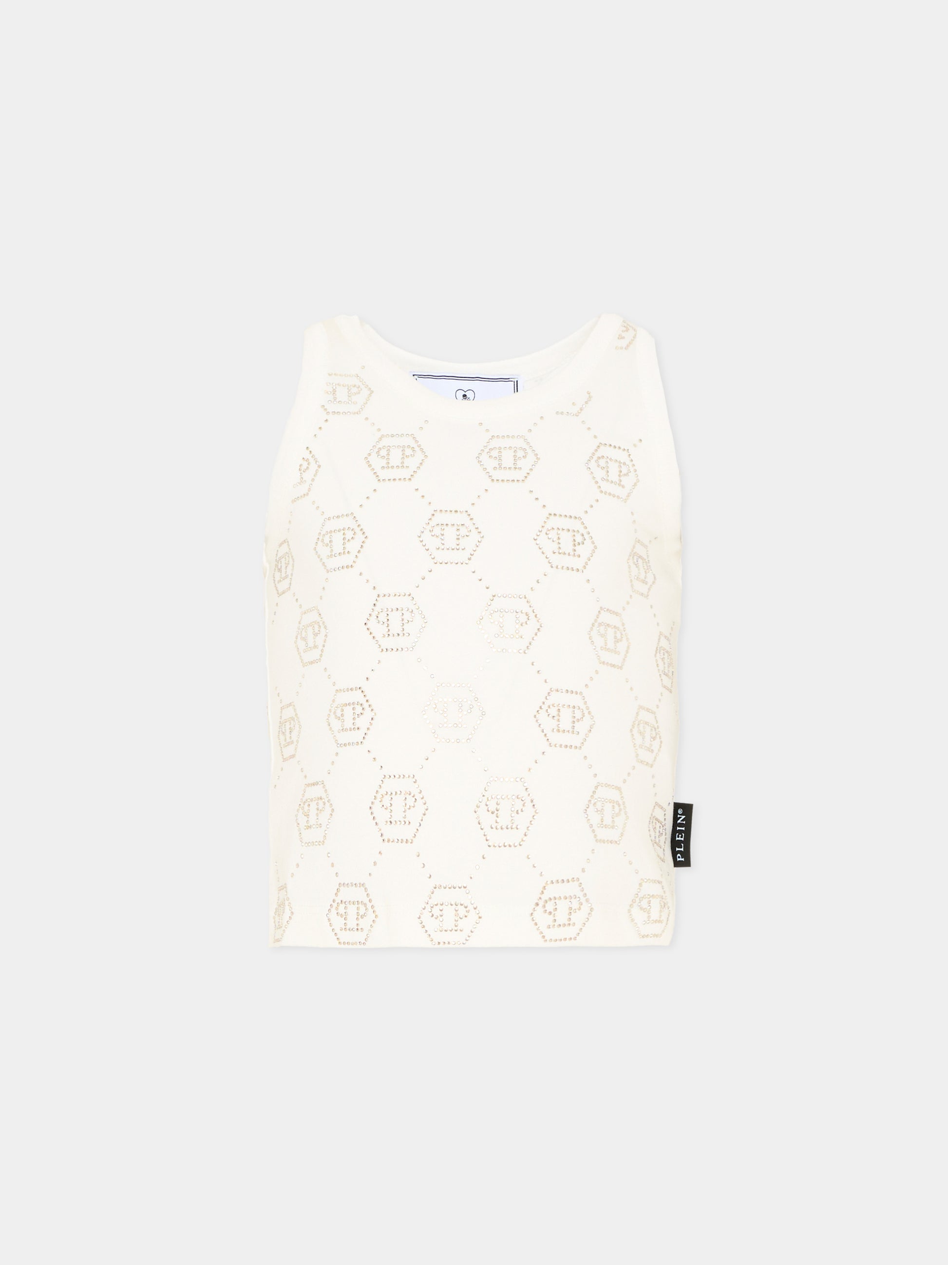 Top bianco per bambina con loghi strass,Philipp Plein Junior,S6PHJGTA189 002