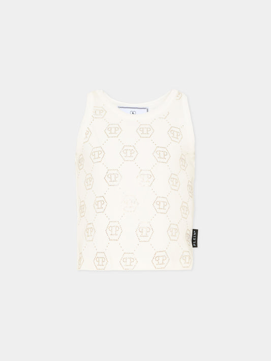 Top bianco per bambina con loghi strass,Philipp Plein Junior,S6PHJGTA189 002