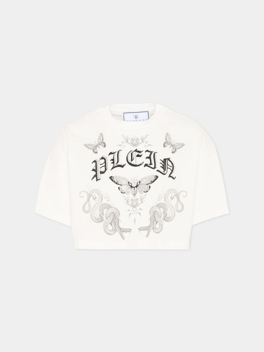 T-shirt bianca per bambina con logo strass,Philipp Plein Junior,S6PHJGTH215 002