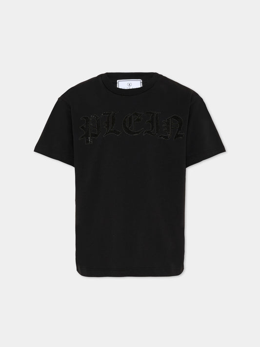 T-shirt nera per bambina con logo di strass,Philipp Plein Junior,S6PHJGTH216 110