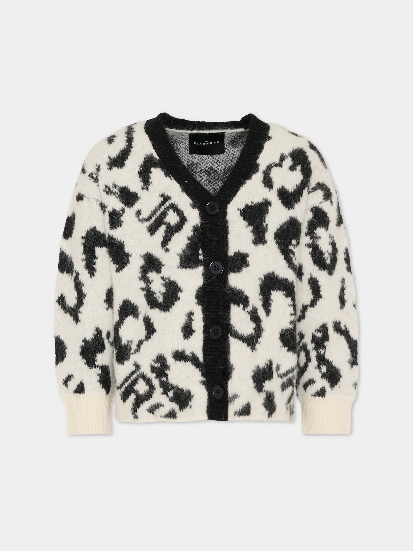 Cardigan bianco per bambina con stampa animalier,Richmond,RGA25047CD WHITE SPOTTED