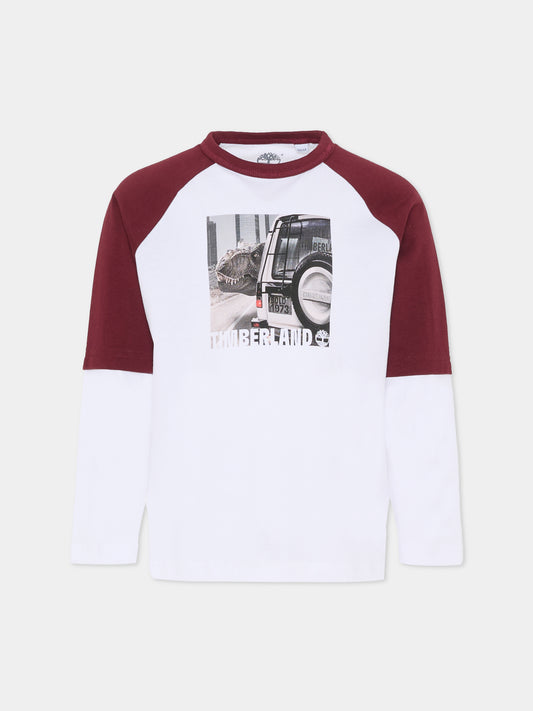 T-shirt bianca per bambino con logo e dinosuaro,Timberland,T60305 10P