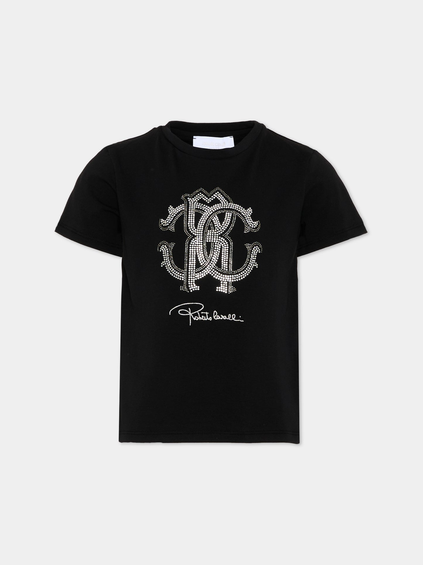 T-Shirt nera per bambina con logo strass,Roberto Cavalli Kids,CGP26014TS BLACK