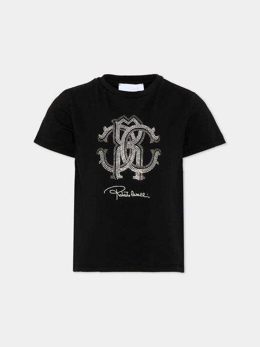 T-Shirt nera per bambina con logo strass,Roberto Cavalli Kids,CGP26014TS BLACK