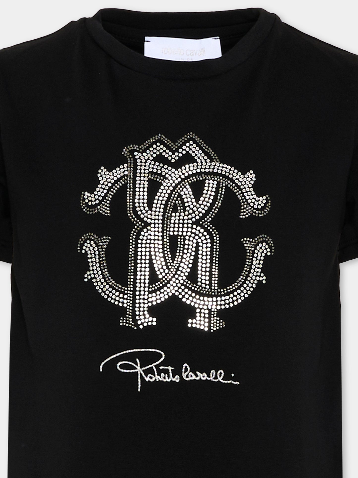 T-Shirt nera per bambina con logo strass,Roberto Cavalli Kids,CGP26014TS BLACK
