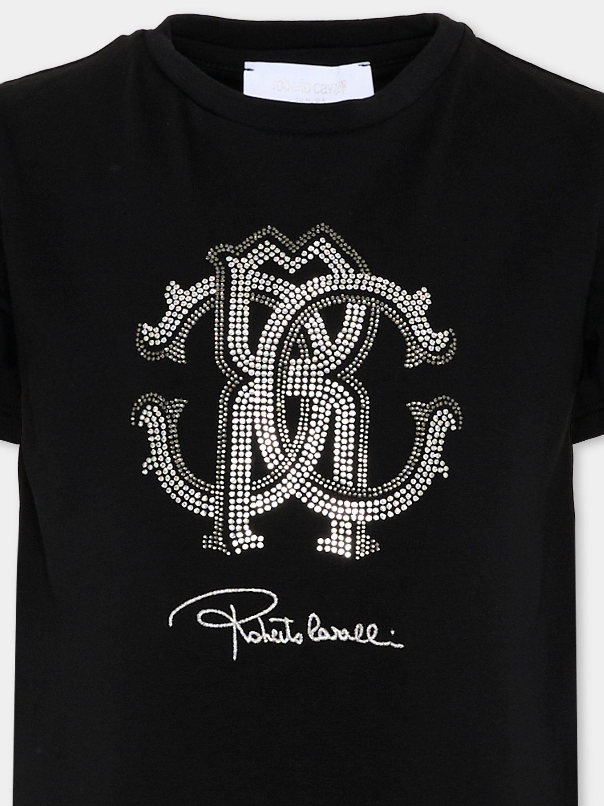 T-Shirt nera per bambina con logo strass,Roberto Cavalli Kids,CGP26014TS BLACK