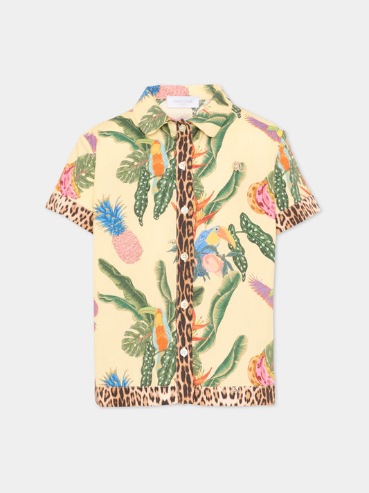 Camicia gialla per bambina con stampa tropicale,Roberto Cavalli Kids,CGP26052CA TROPICANA YELLOW