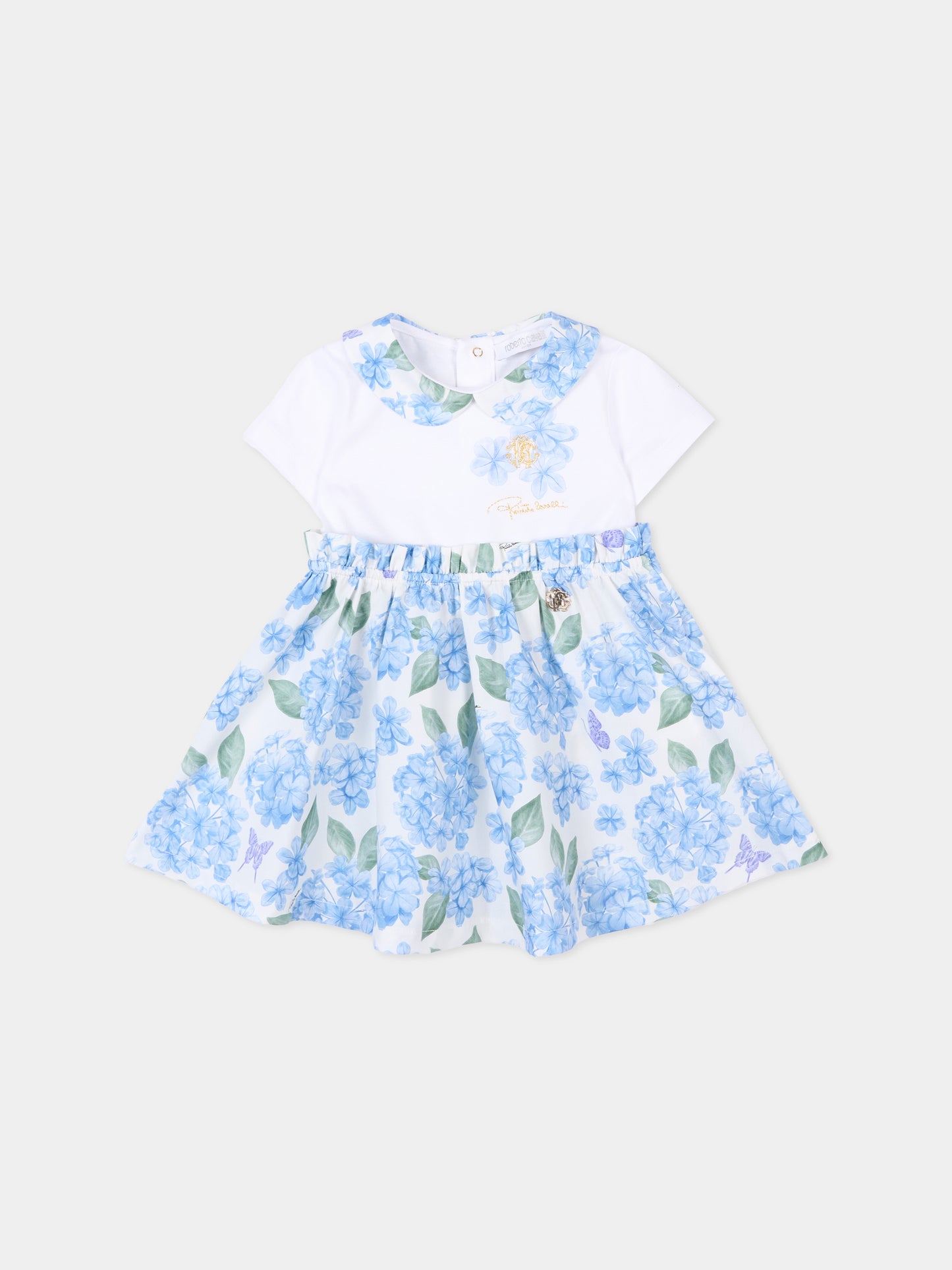 Vestito celeste per neonata con stampa floreale,Roberto Cavalli Kids,CIP26019VE PLUMBAGO