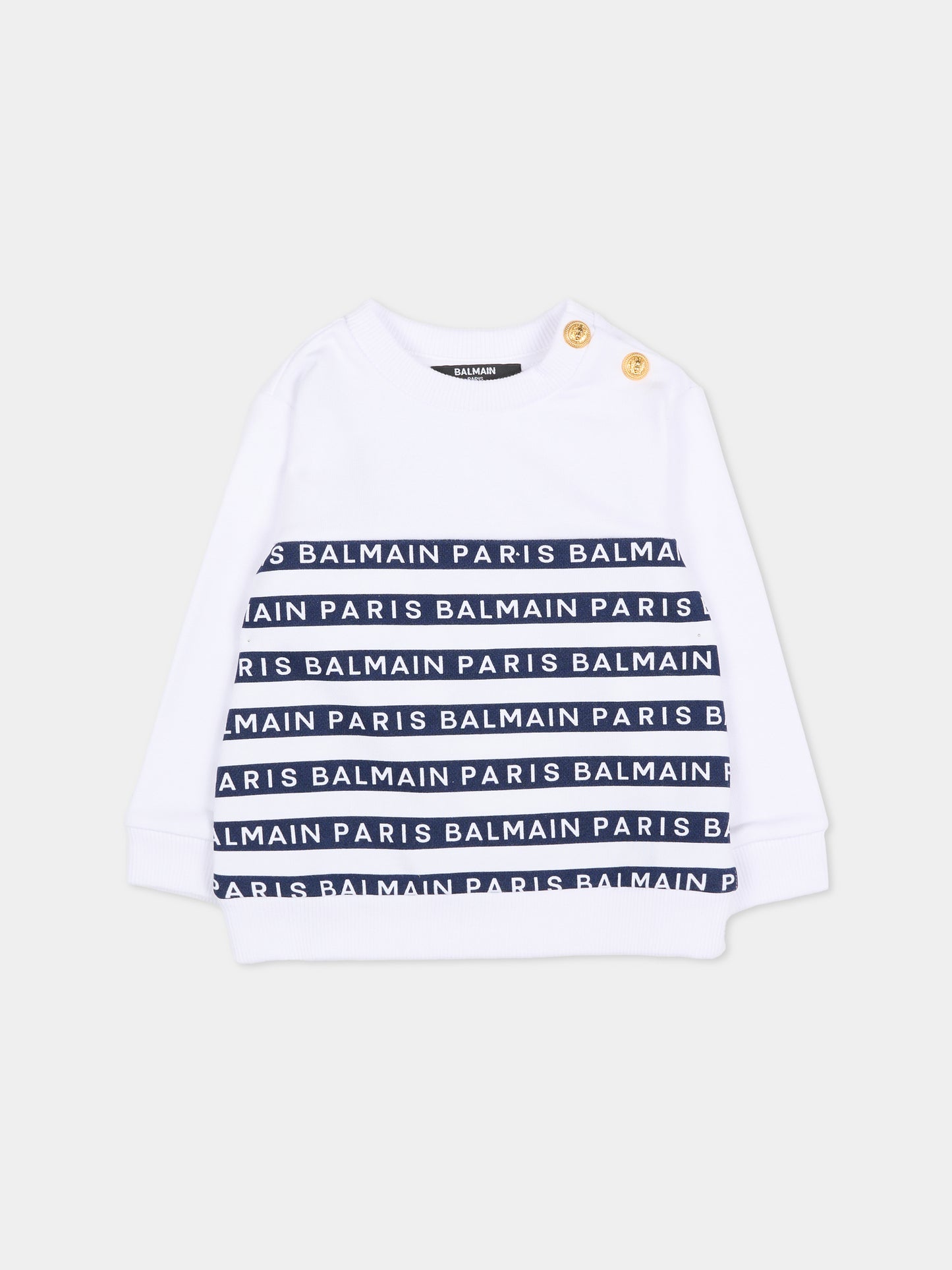 Felpa bianca per neonato con righe blu e logo,Balmain Kids,BU4550 Z1909 100BL