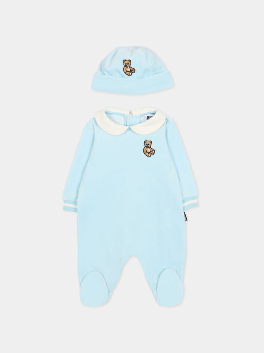 Set tutina celeste per neonato con patch Teddy Bear,Moschino Kids,MUY08H LGA27 40304