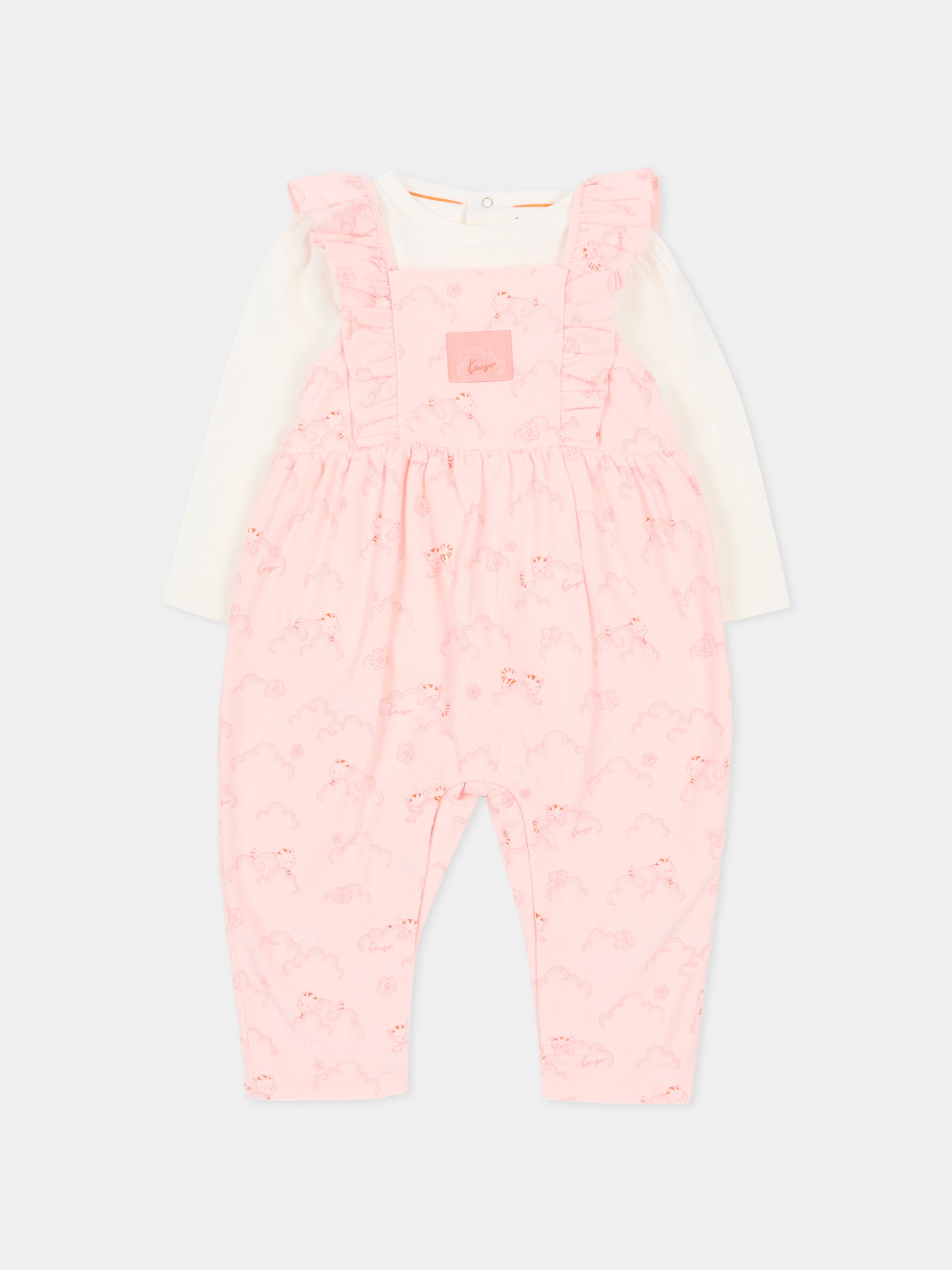 Salopette rosa per neonata con gatto,Kenzo Kids,K61233 46T