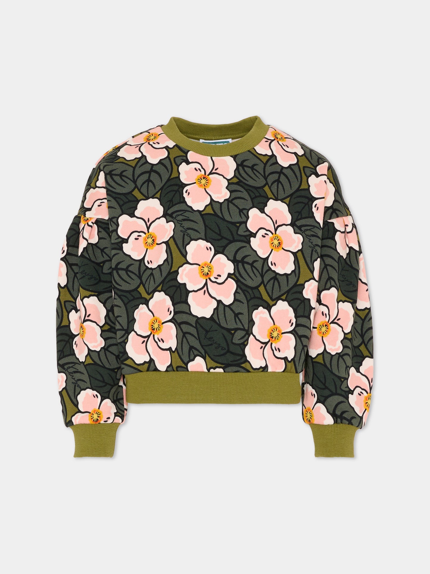 Felpa verde per bambina con papaveri,Kenzo Kids,K61342 46M