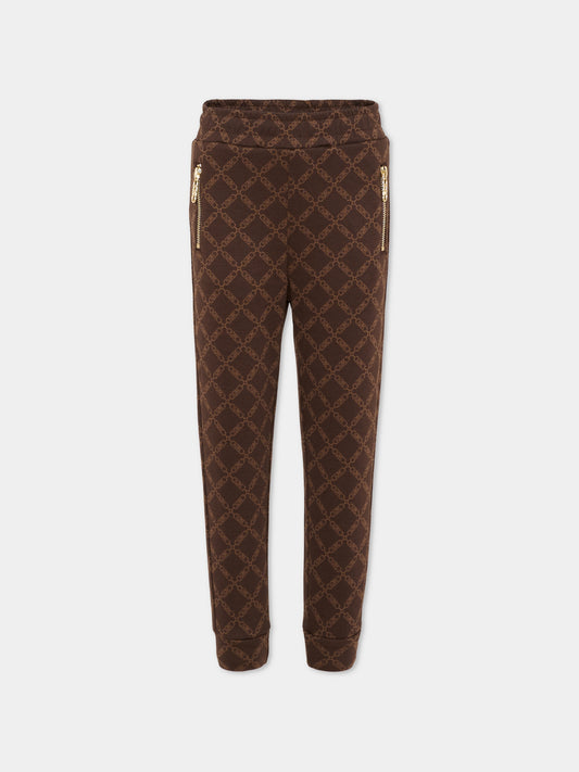 Pantaloni marroni per bambina con logo all over,Michael Kors,R30444 342