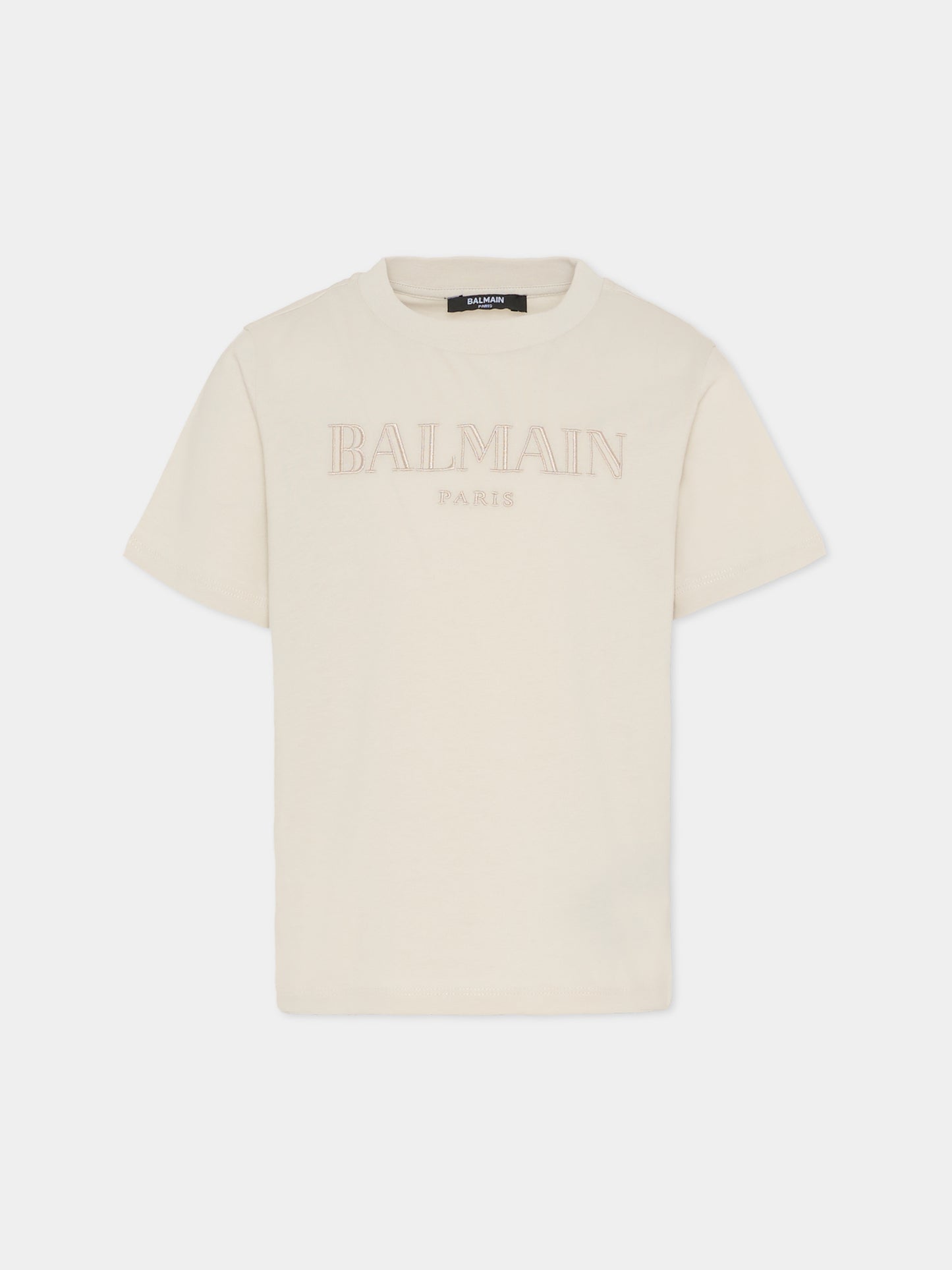 T-shirt beige con logo ricamato per bambini,Balmain Kids,BX8P41-Z3186 107BG