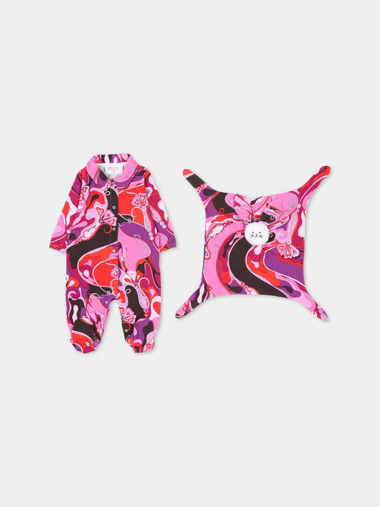 Ensemble barboteuse fuchsia pour bébé fille avec doudou