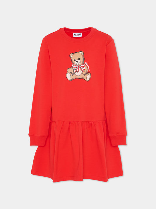 Vestito rosso per bambina con Teddy Bear e paillettes,Moschino Kids,HDV0H7 LDA16 50109
