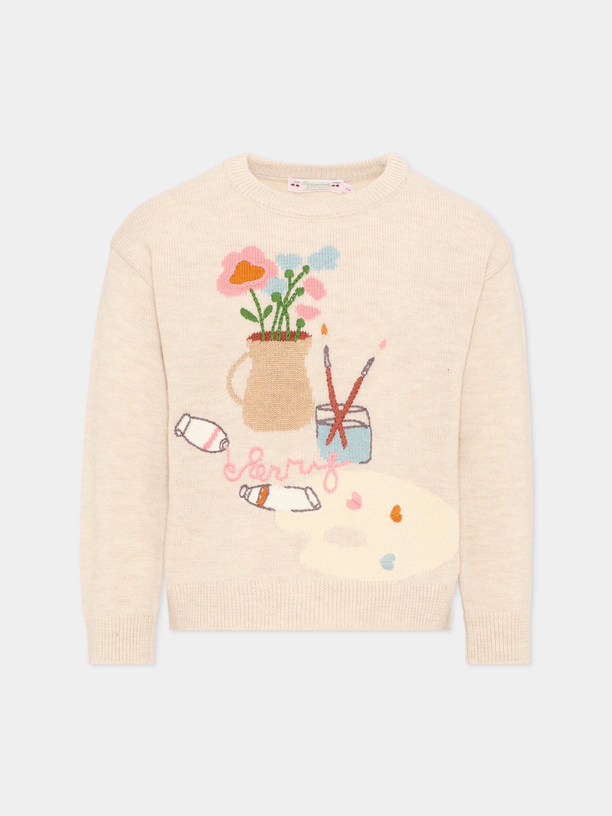Maglione beige per bambina con motivo artistico,Bonpoint,W06GJUK00020 960