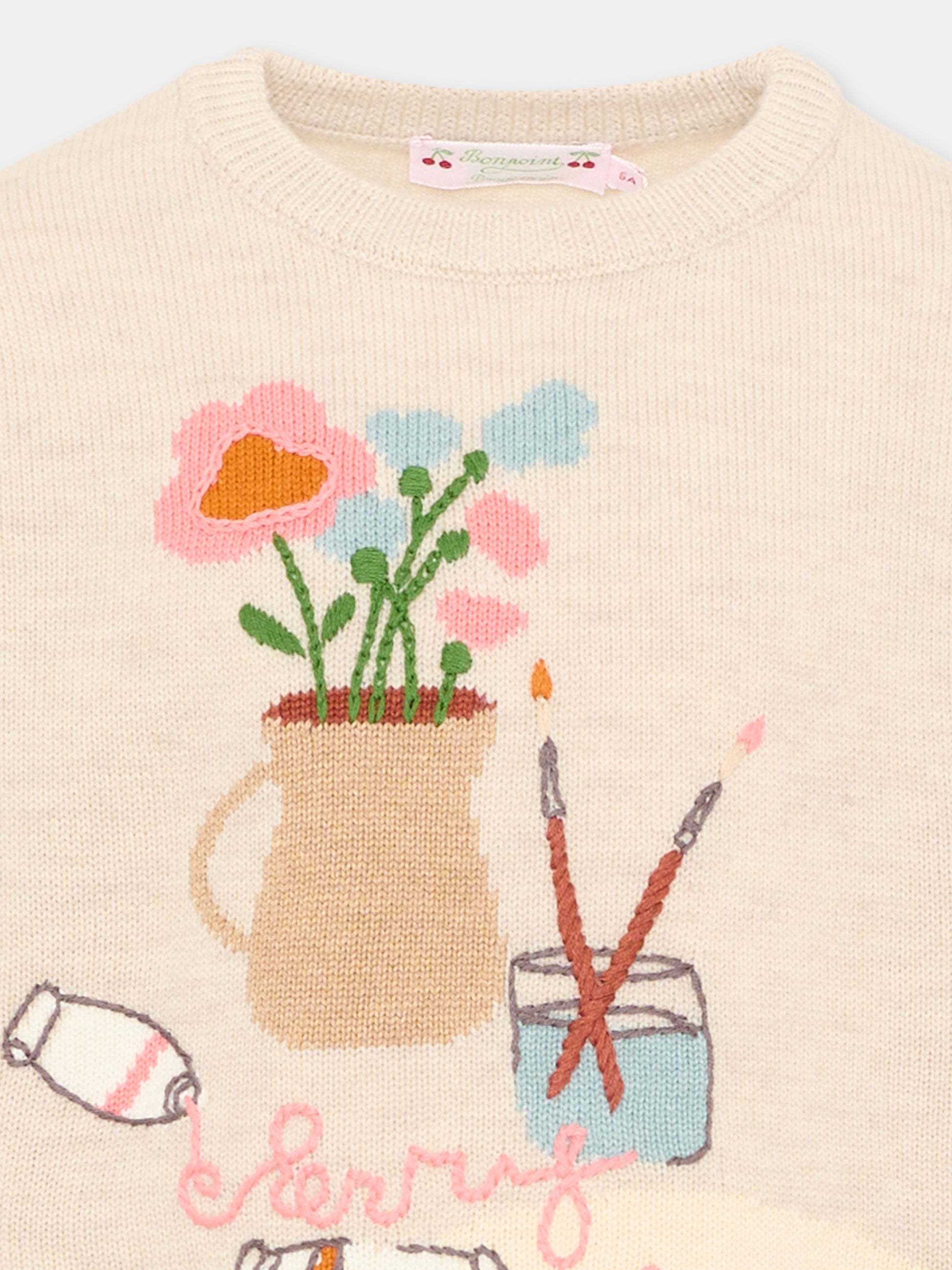 Maglione beige per bambina con motivo artistico,Bonpoint,W06GJUK00020 960