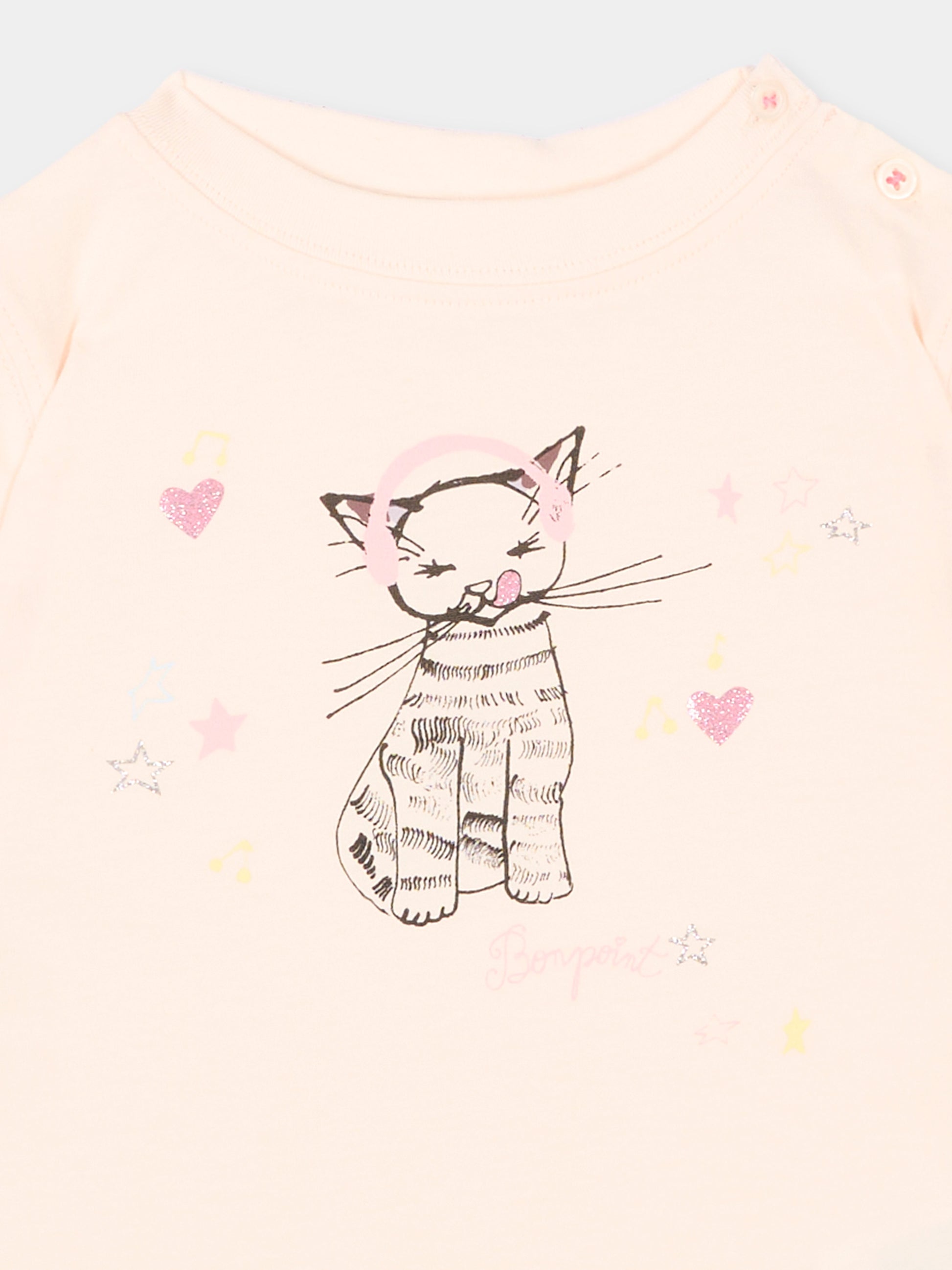 T-shirt rosa per neonata con stampa gatto,Bonpoint,P06XTSK00001 121