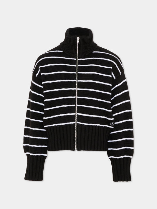 Cardigan nero a righe per bambina con logo,Calvin Klein Kids,LVCKTJF04G BEH
