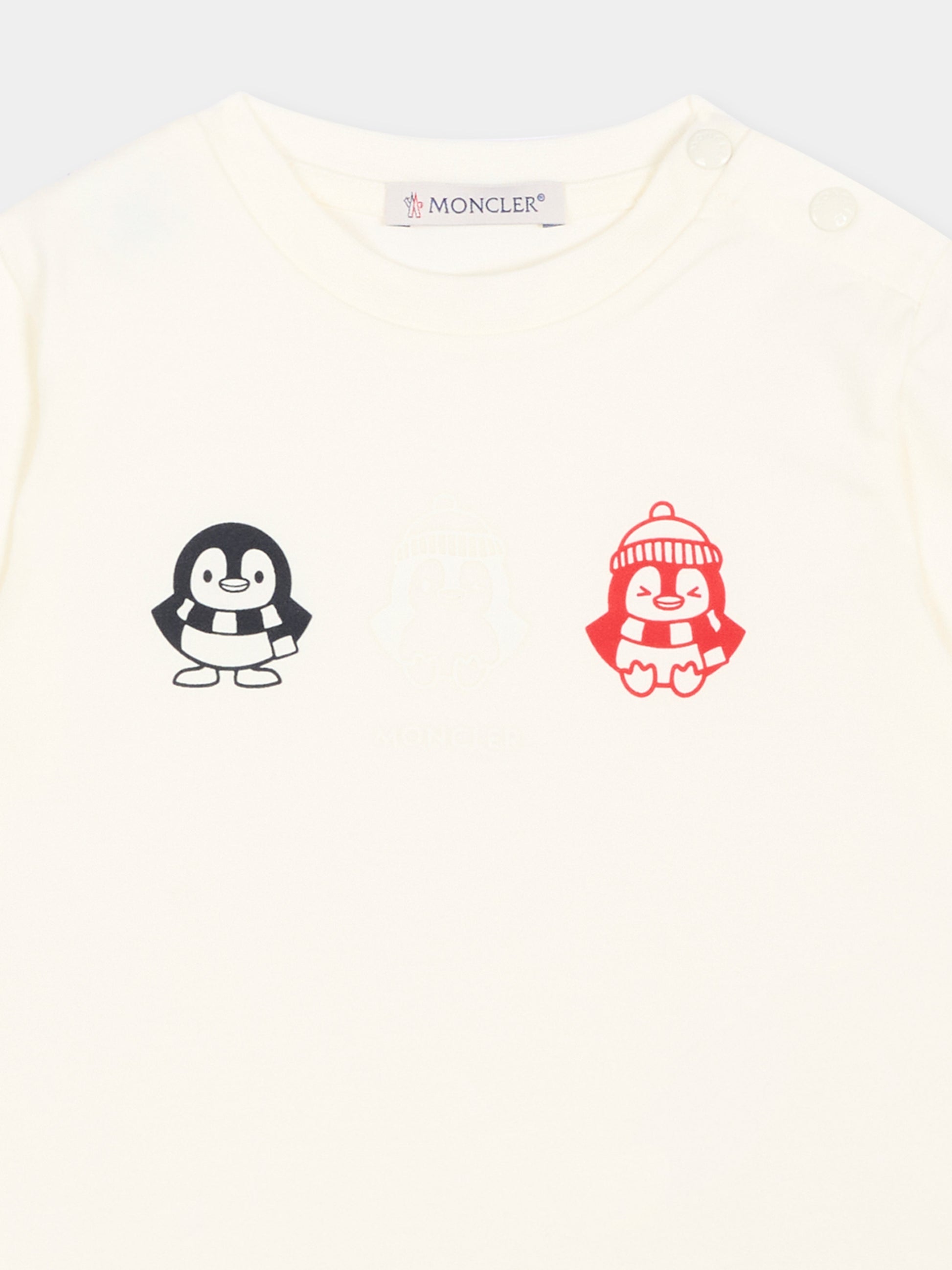 T-Shirt avorio per neonato con pinguini,Moncler Kids,L2951 8C00001 89AUM 034