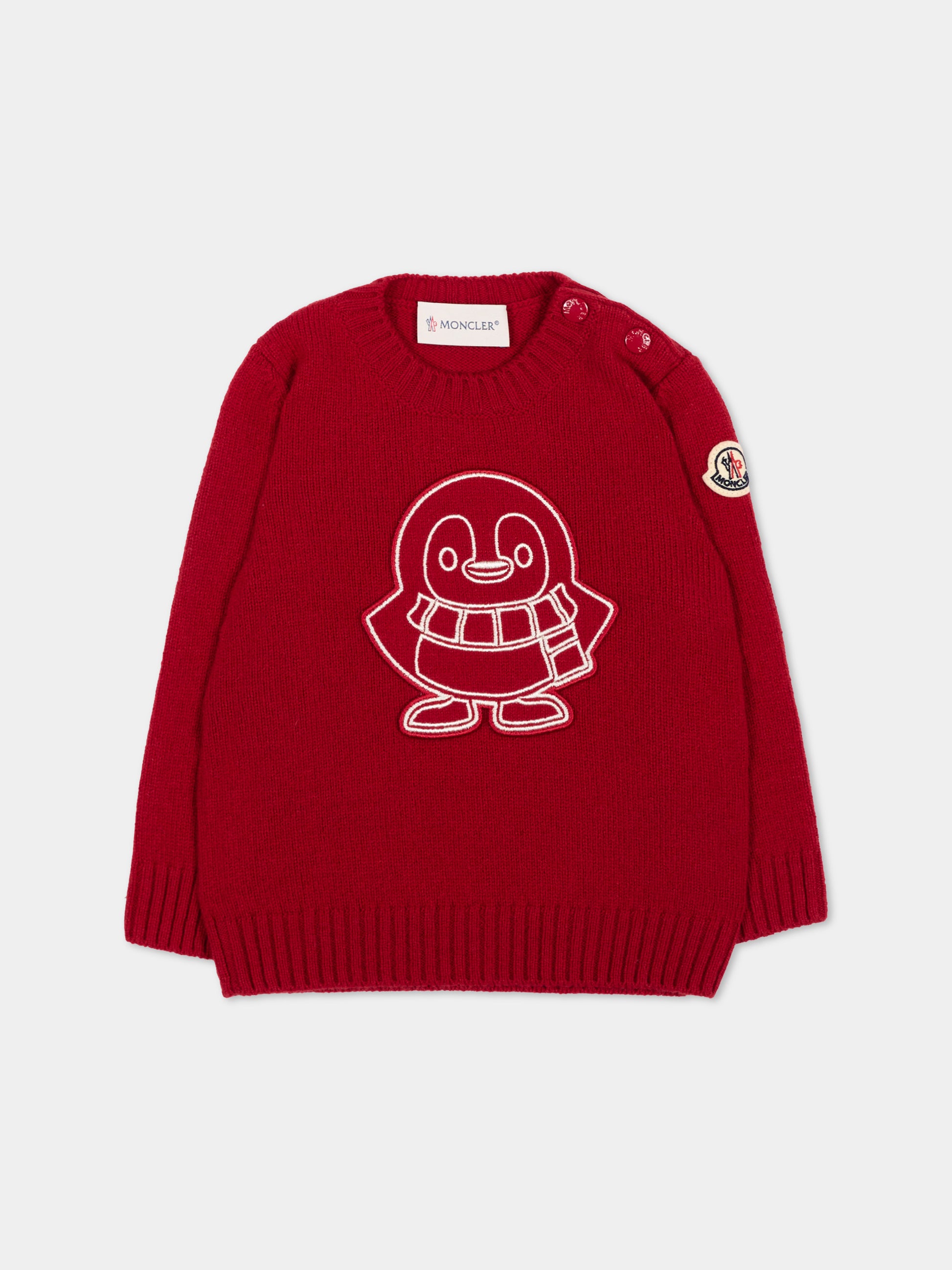 Maglione rosso per neonato con pinguino,Moncler Kids,L2951 9C00002 M4281 457