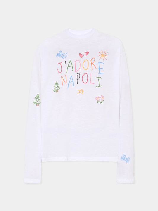 T-shirt bianca per adulti con disegni,J'adore Napoli,J'ADORE NAPOLI SKETCH BOXY LONGSLEEVE ADULT WHITE