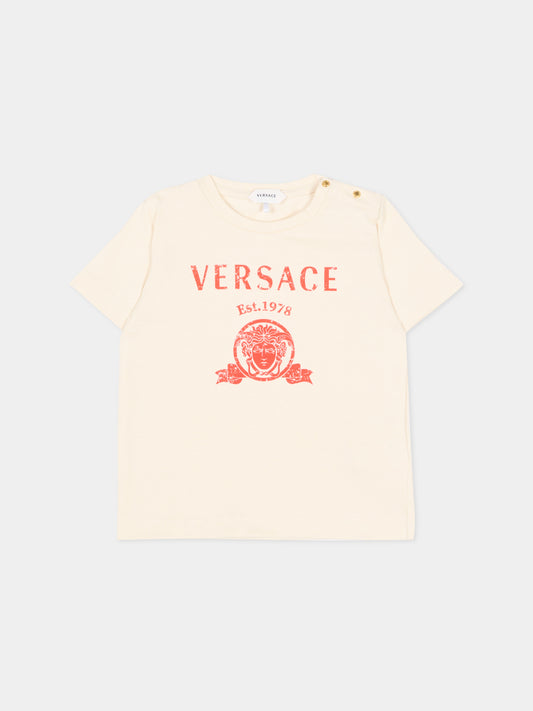 T-Shirt a manica corta avorio per neonati con logo,Versace,1025154 1A18123 2YE00